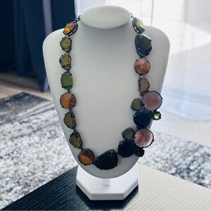 Amber Olive Glass Statement Necklace Gunmetal Chain Chunky Gem Style